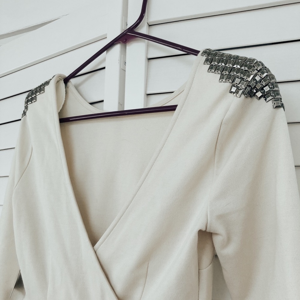 Studded shoulder white mini dress